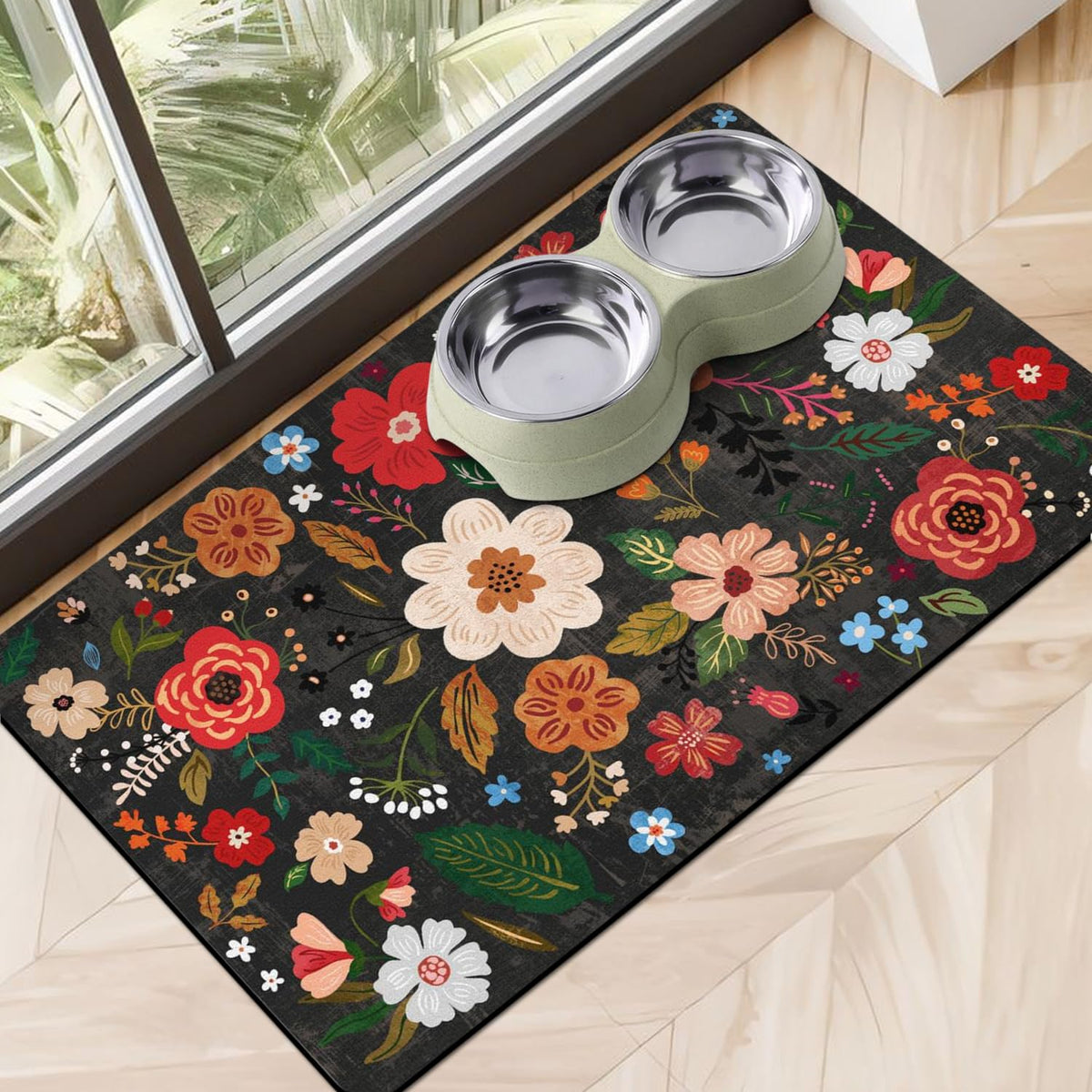 Cuslnox dog food mat shows absorbent water-quick-dry action for clean floors
