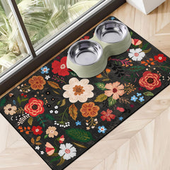 Cuslnox dog food mat shows absorbent water-quick-dry action for clean floors