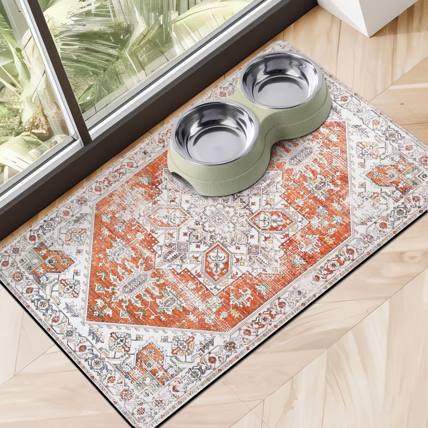 Cuslnox dog-food-mat-absorbent captures spills to keep floors dry.