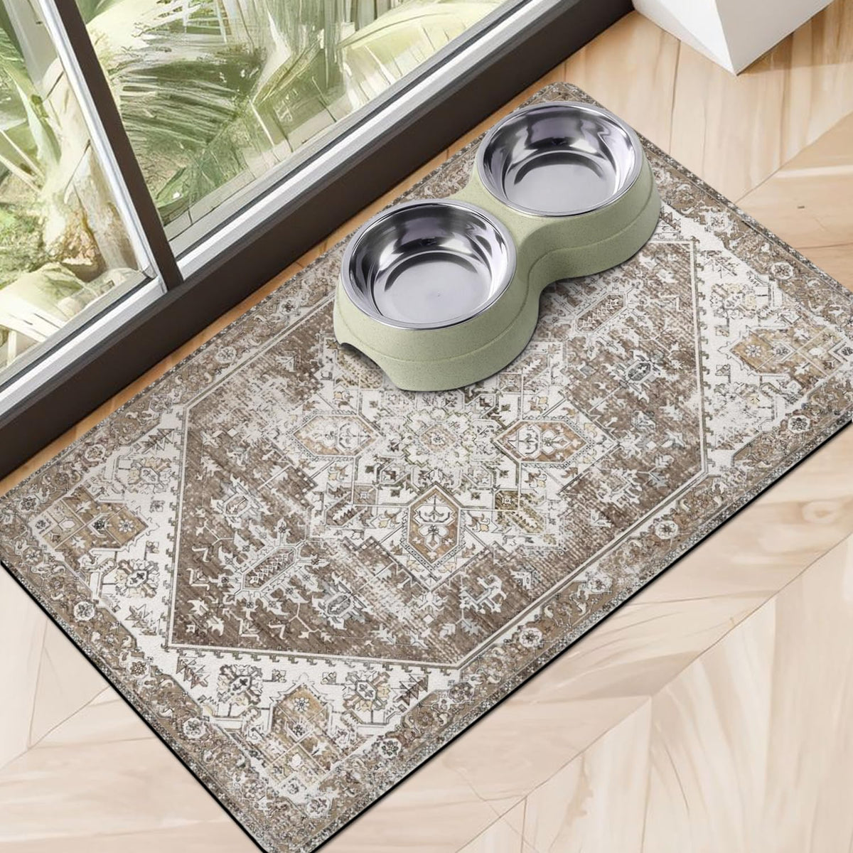 Cuslnox dog food mat absorption closeup highlights rapid spill absorption.