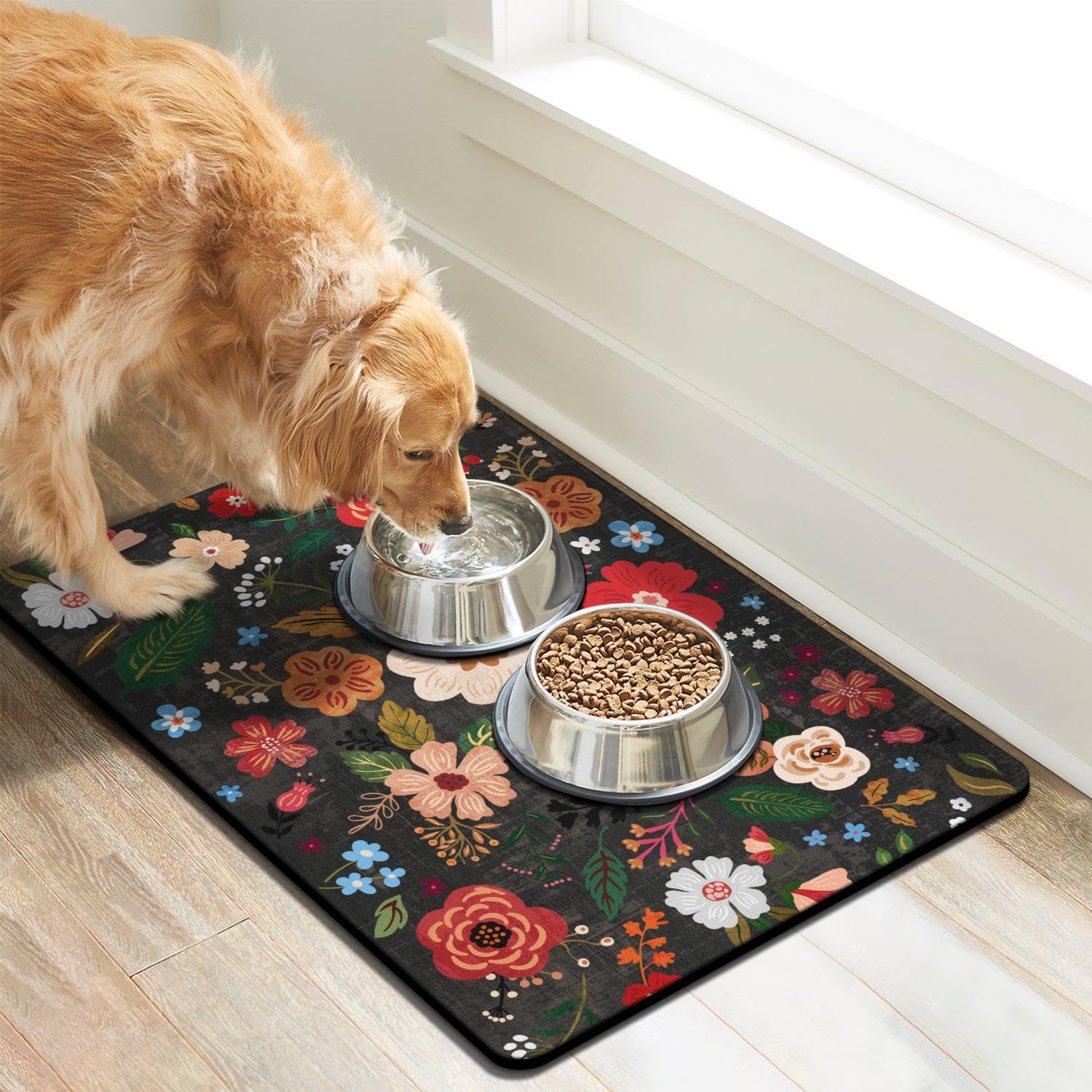 Cuslnox dog food mat with anti-skid back keeping bowls steady