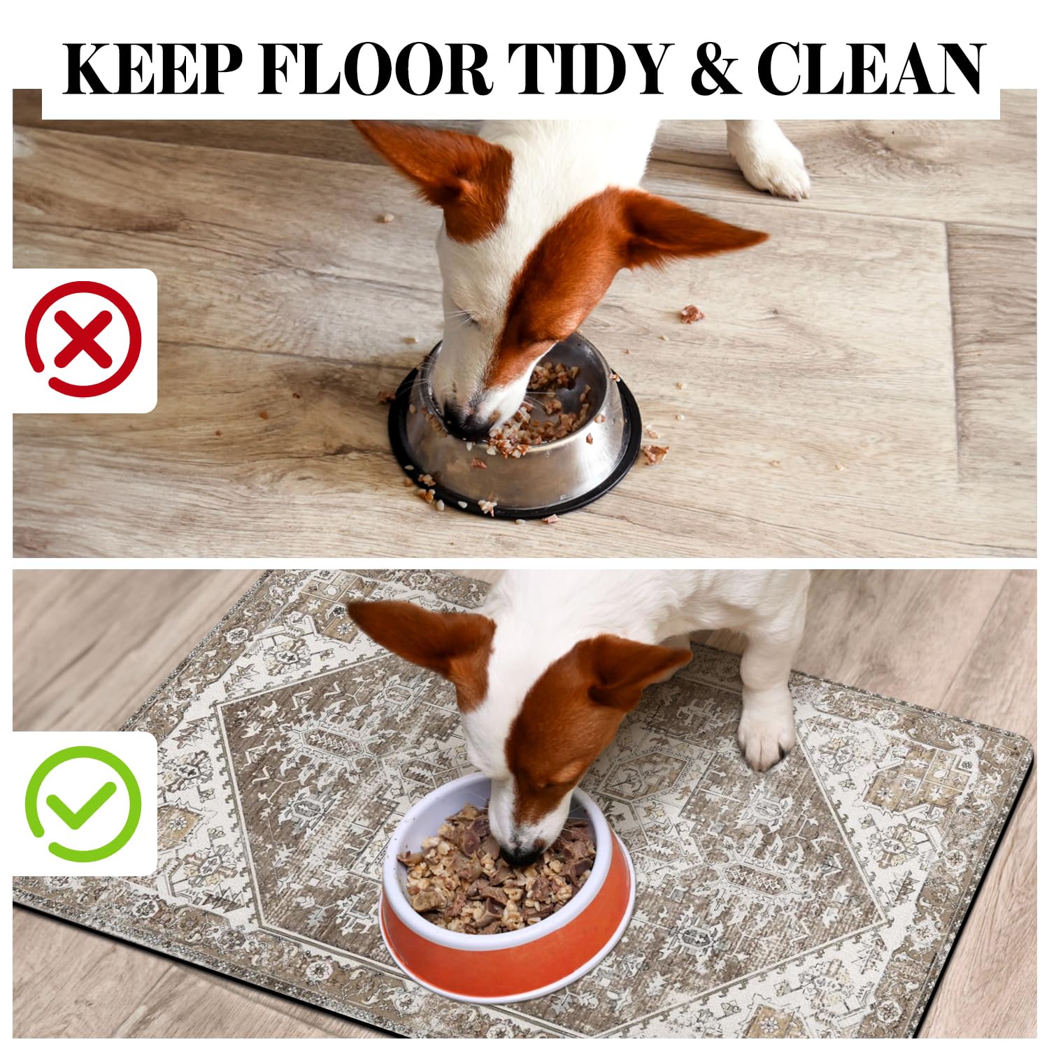 Cuslnox dog food mat floor protection shows splash prevention on floors.