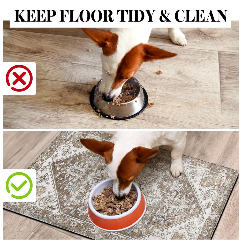 Cuslnox dog food mat floor protection shows splash prevention on floors.
