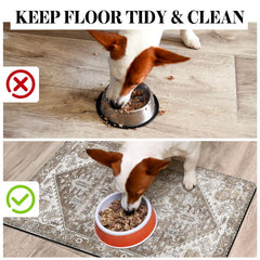 Cuslnox dog food mat floor protection shows splash prevention on floors.