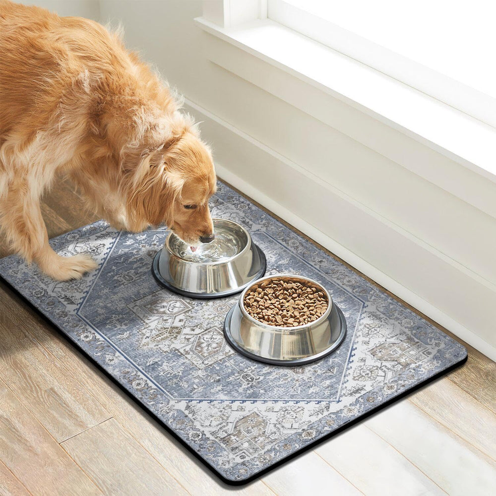 Cuslnox dog food mat non-slip back keeps bowls in place during meals.