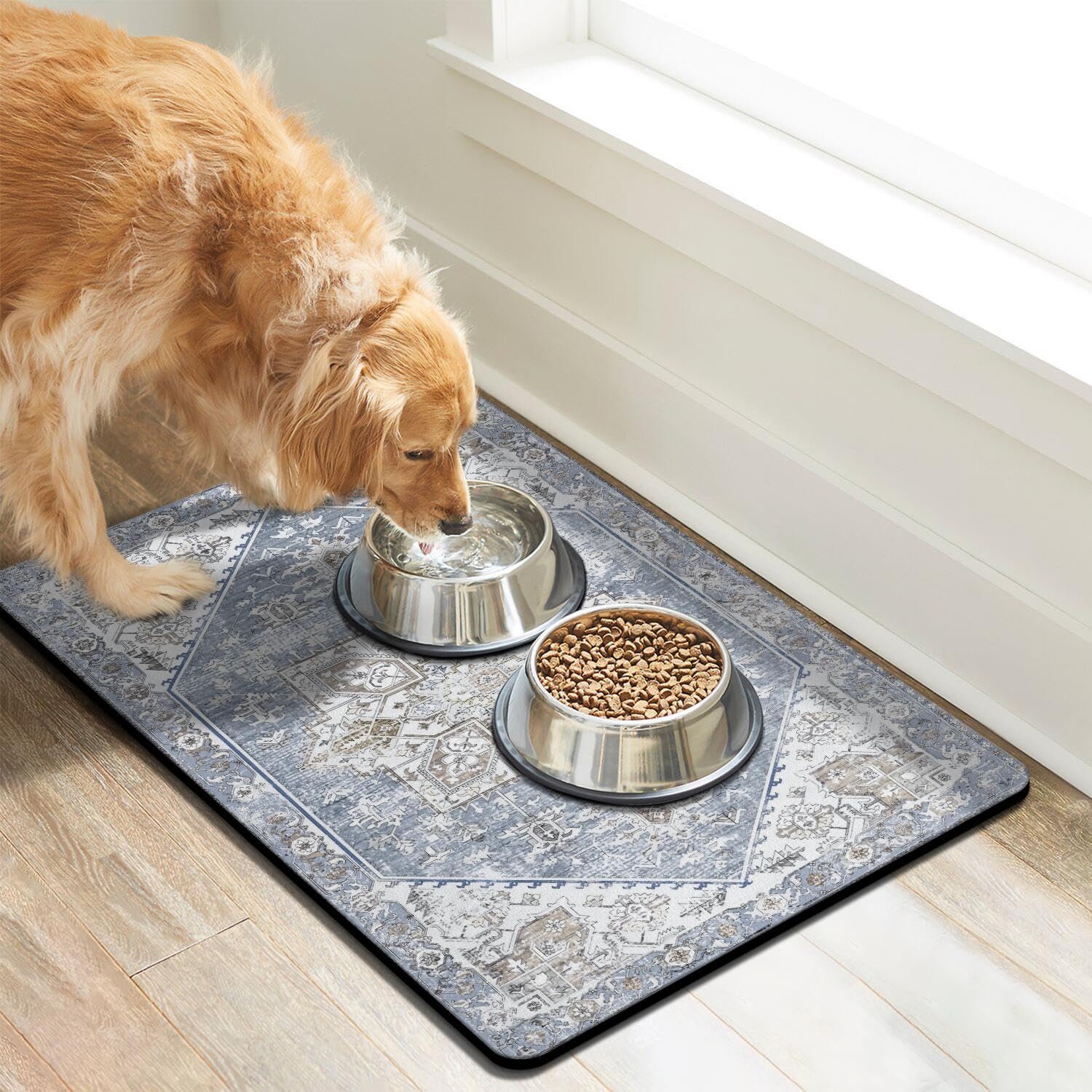 Cuslnox dog food mat quick-dry surface after bowls speeds cleanup.