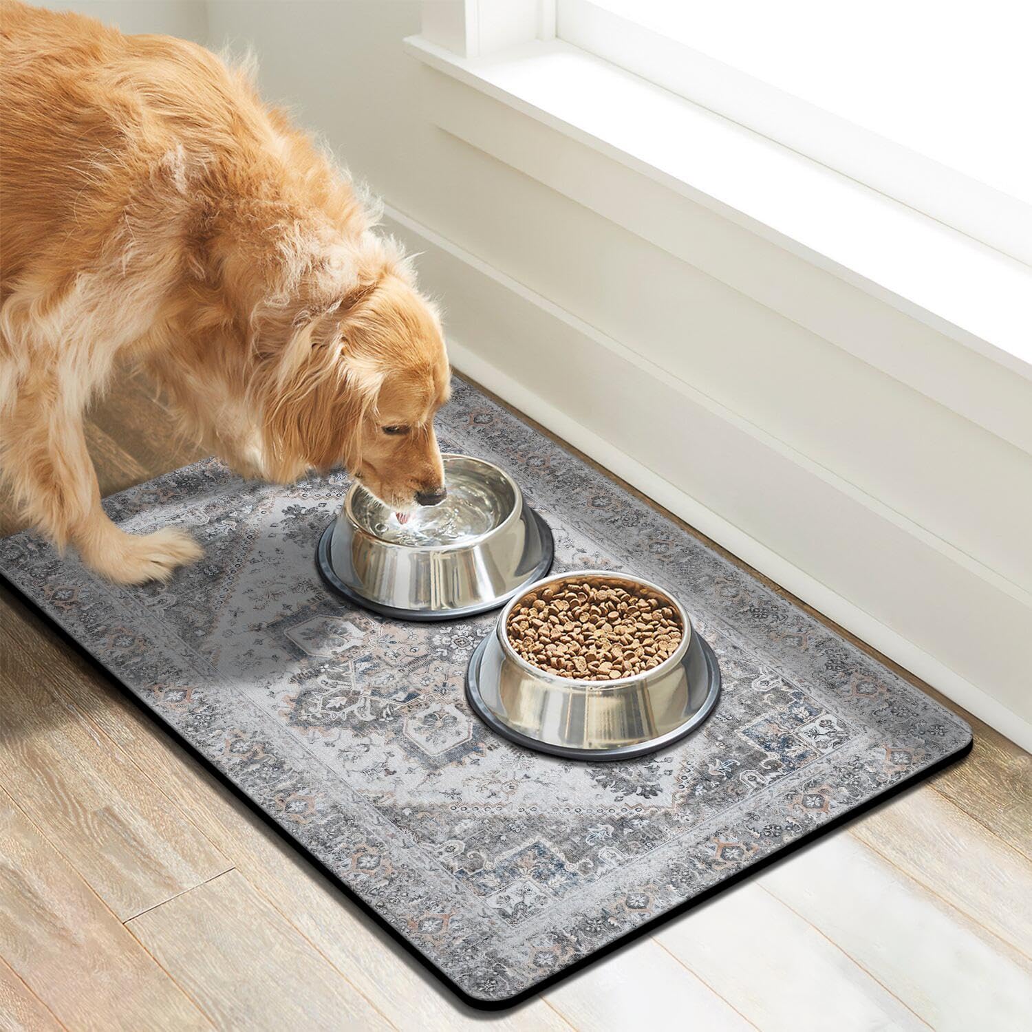 Cuslnox dog food mat with anti-slip back stays in place during meals.