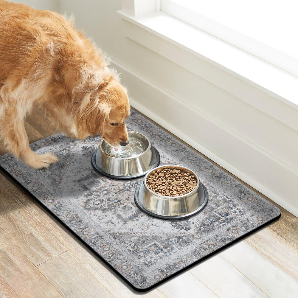 Cuslnox dog food mat with anti-slip back stays in place during meals.