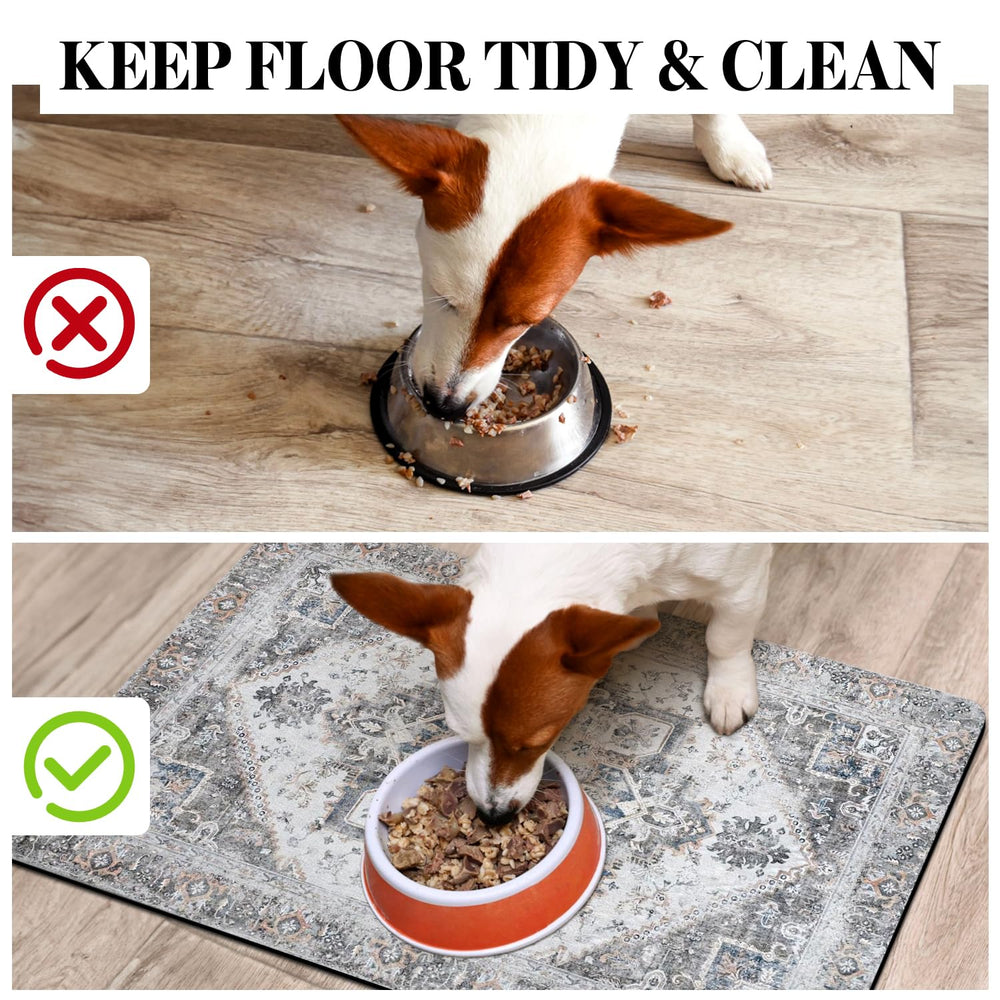 Cuslnox floor-protecting dog mat prevents spills from reaching floors.