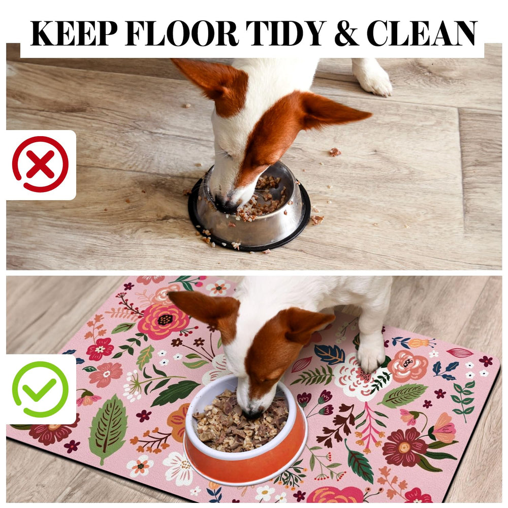 Cuslnox dog food mat protects floors from spills and splashes.