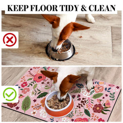 Cuslnox dog food mat protects floors from spills and splashes.