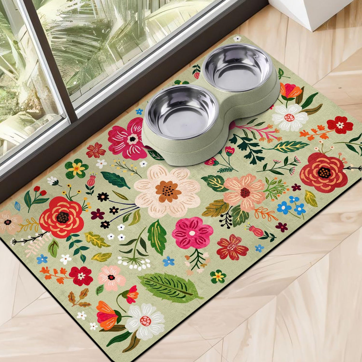 Cuslnox eco pet mat absorbs spills under a dog bowl for quick-dry performance.