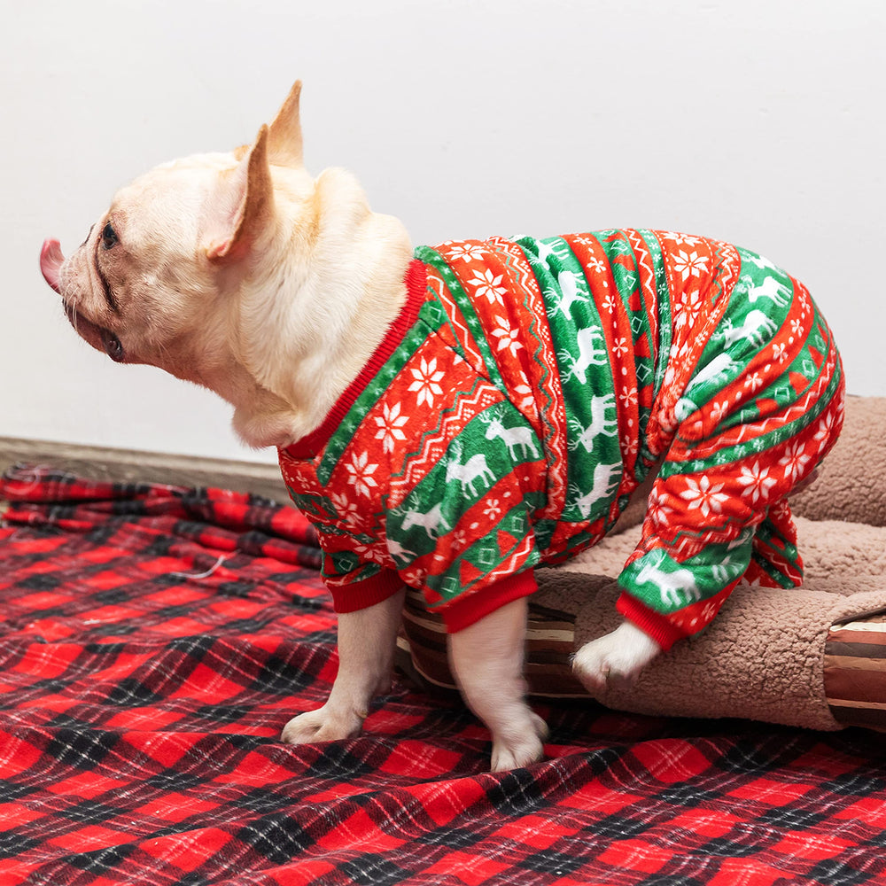 CUSOZWO dog Christmas pajamas holiday photo-ready in elk pattern.