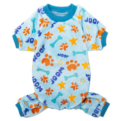 CUSOZWO dog pajamas front view with blue paw pattern for cozy warmth