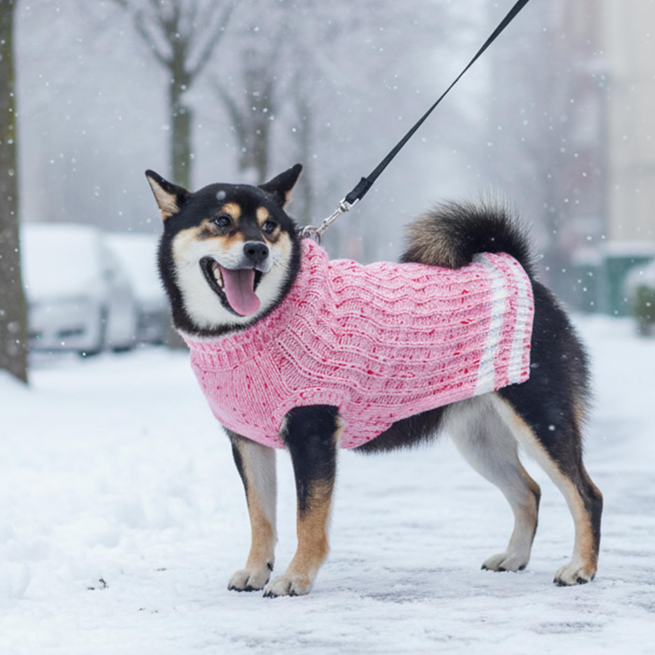 CUSOZWO dog sweater pink on-dog view demonstrates outdoor warmth