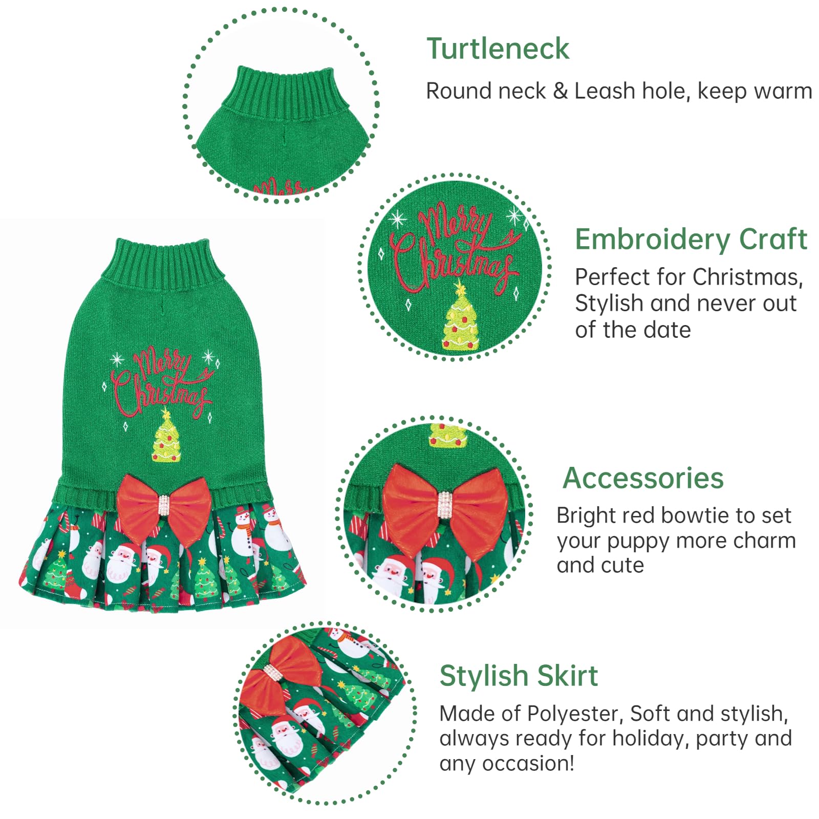 CuteBone back view of Christmas green sweater dress on a small dog
