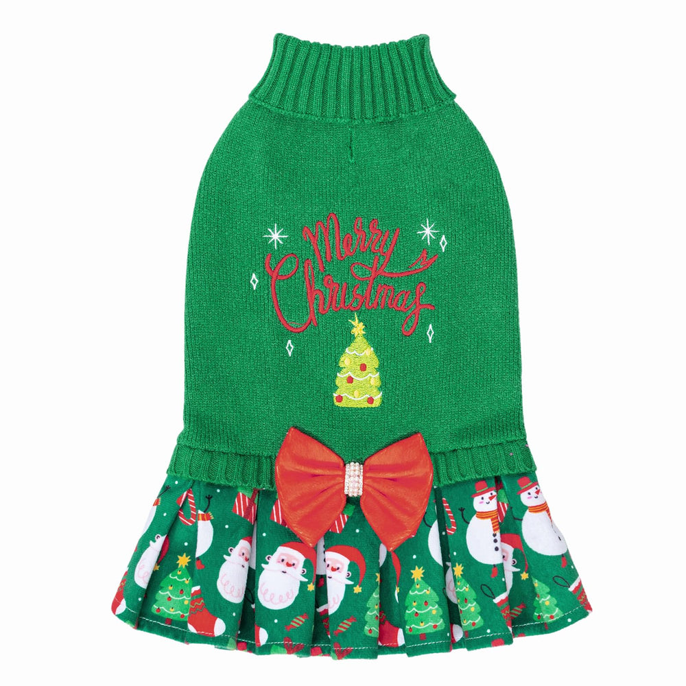 CuteBone Christmas green dog sweater dress with bowtie detail for festive photos