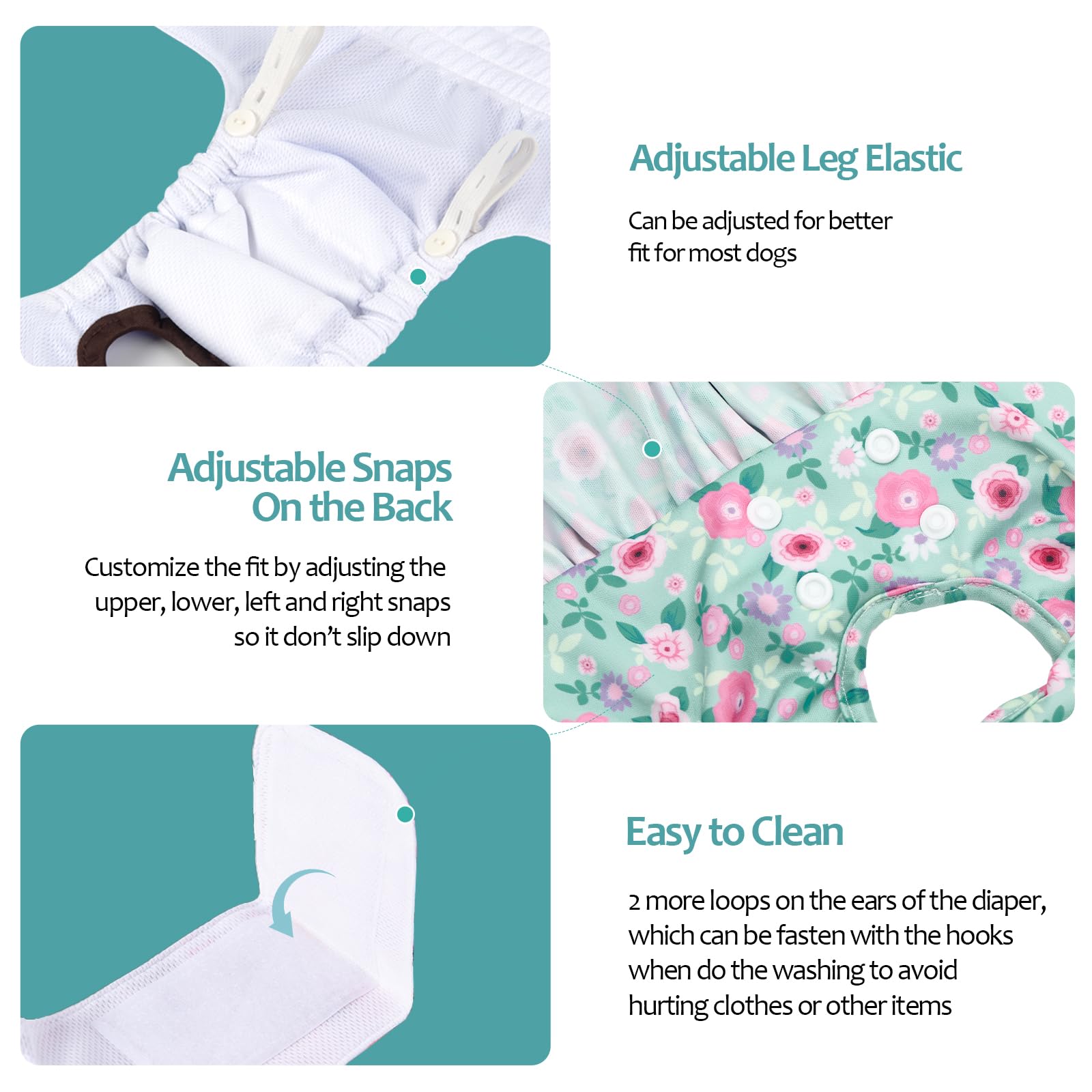 CuteBone diapers adjustable-leg-elastics illustrate customizable fit for many breeds.