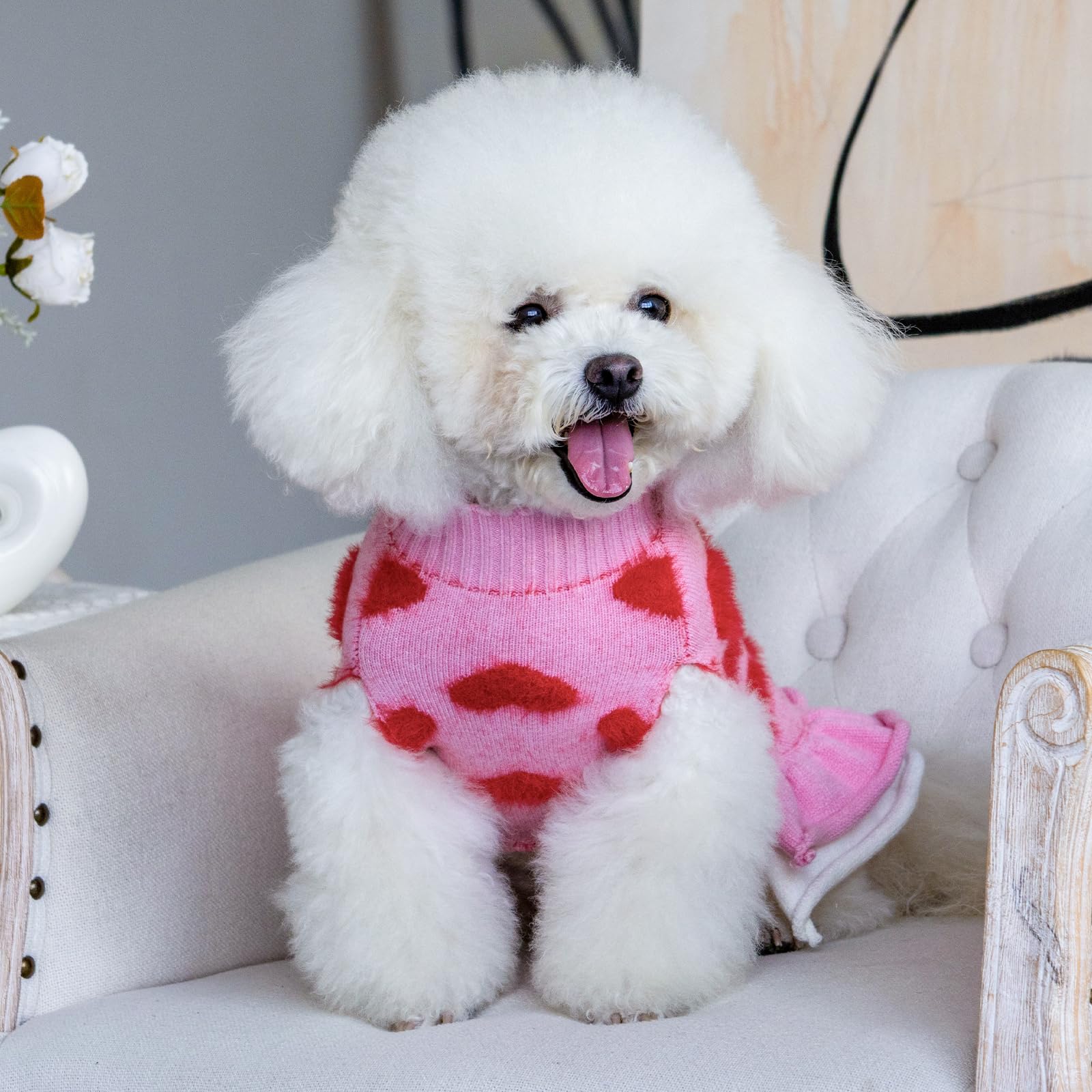 CuteBone pink heart detail dog sweater close-up for playful photos.