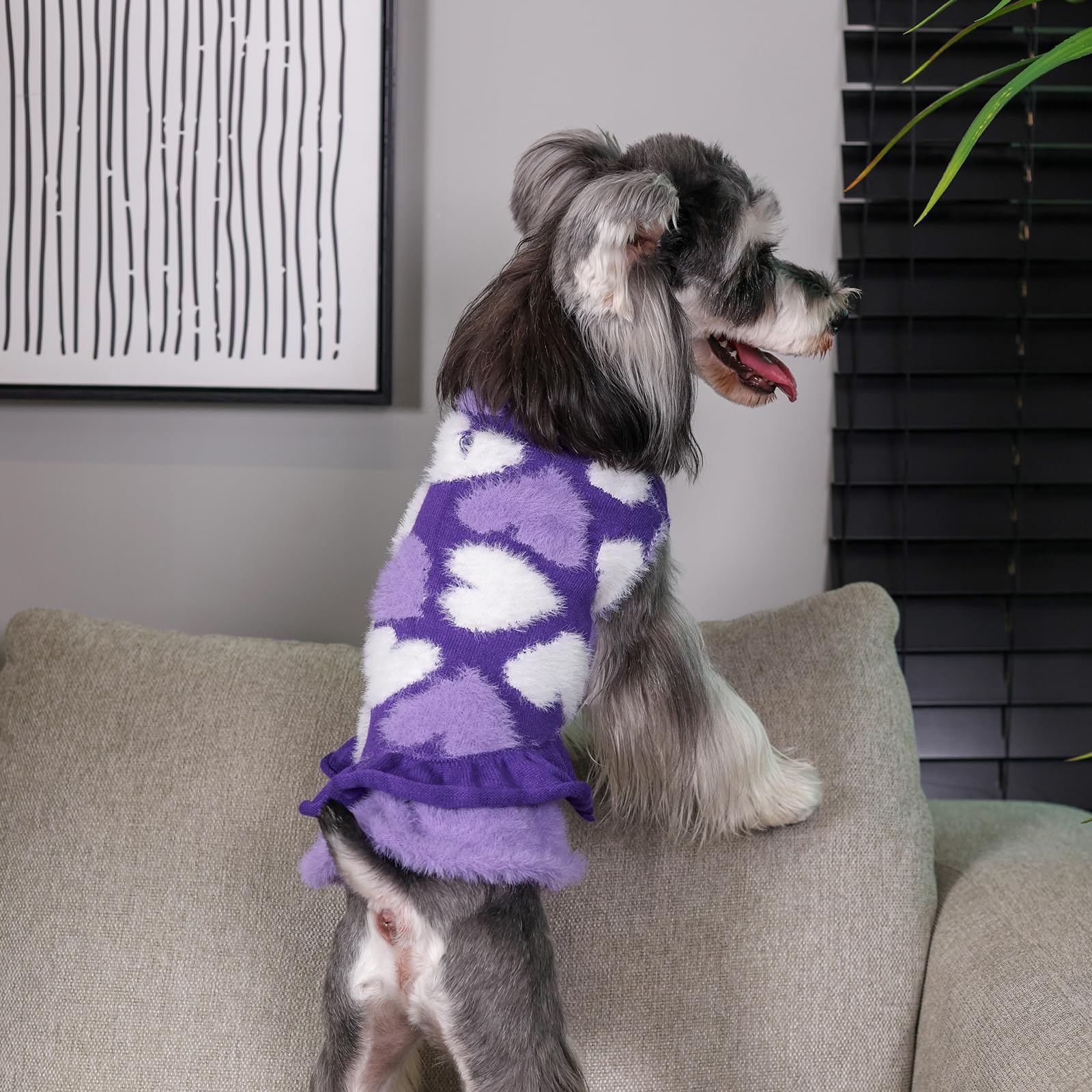 CuteBone Purple Heart Dog Sweater Dress leash-hole detail facilitates quick leash access.
