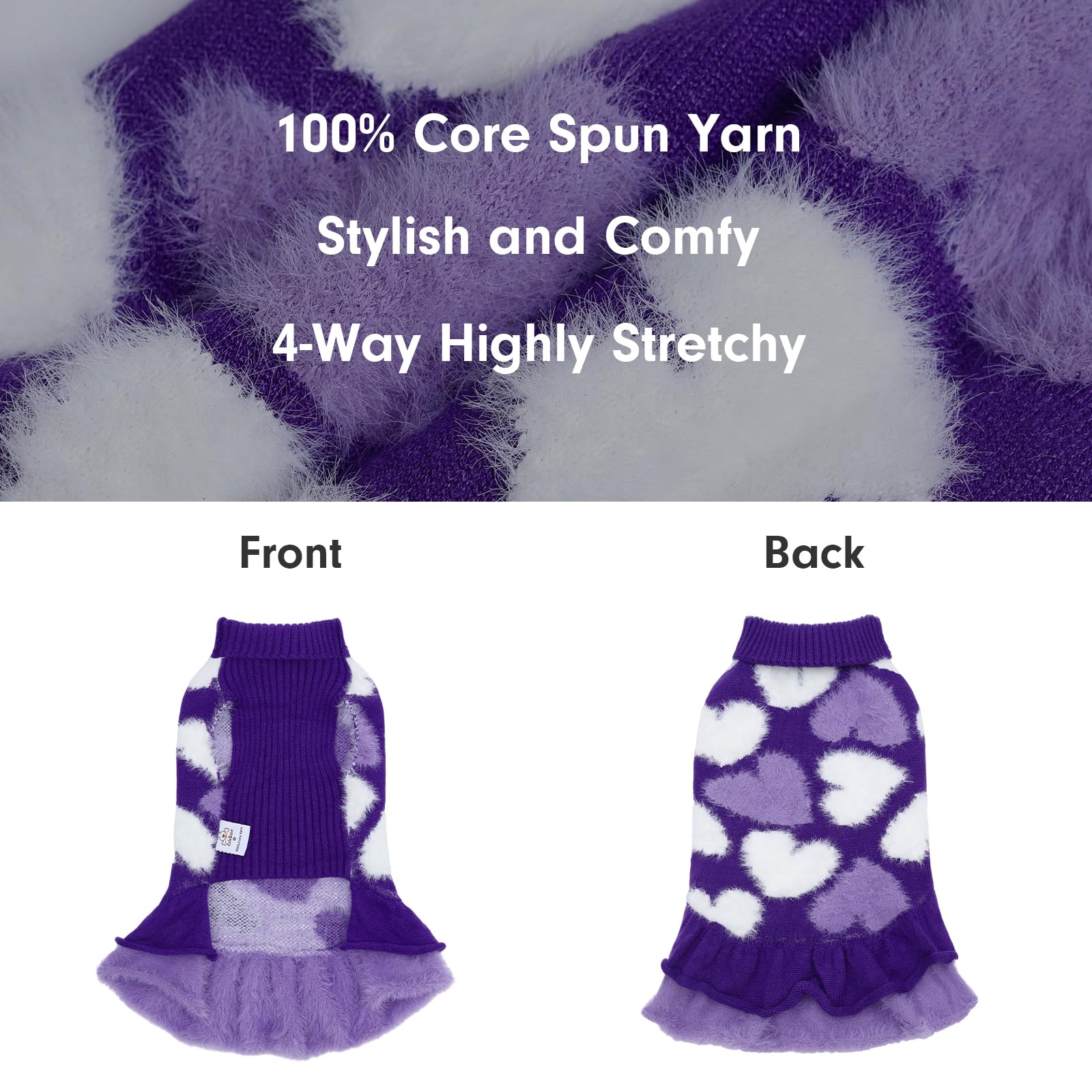 CuteBone Purple Heart Dog Sweater Dress ruffle-hem detail adding cute pleated look for photos.