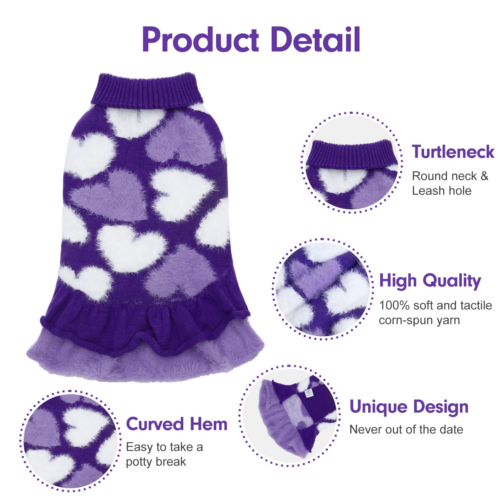 CuteBone Purple Heart Dog Sweater Dress ruffles closeup reveals playful charm.
