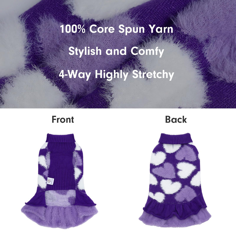 CuteBone Purple Heart Dog Sweater Dress skirt-detail emphasizes double-layer ruffles.