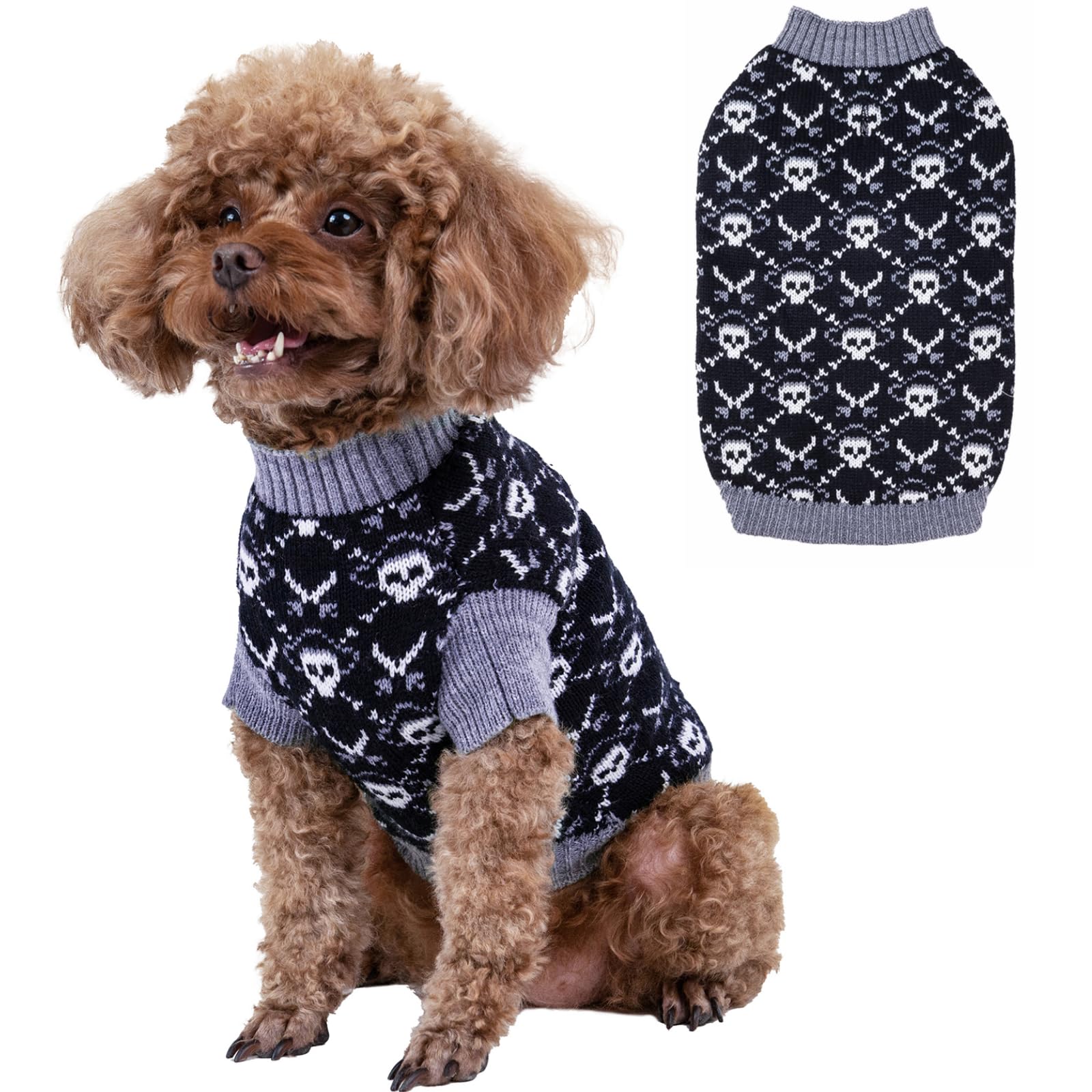 CuteBone skull Halloween dog sweater in black adds warmth and festive style for small dogs.
