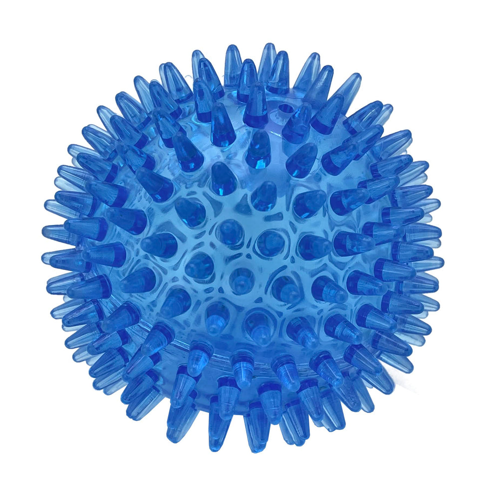 Cutie's PetBox squeaky spike ball blue side view—durable TPU toy supports active play.