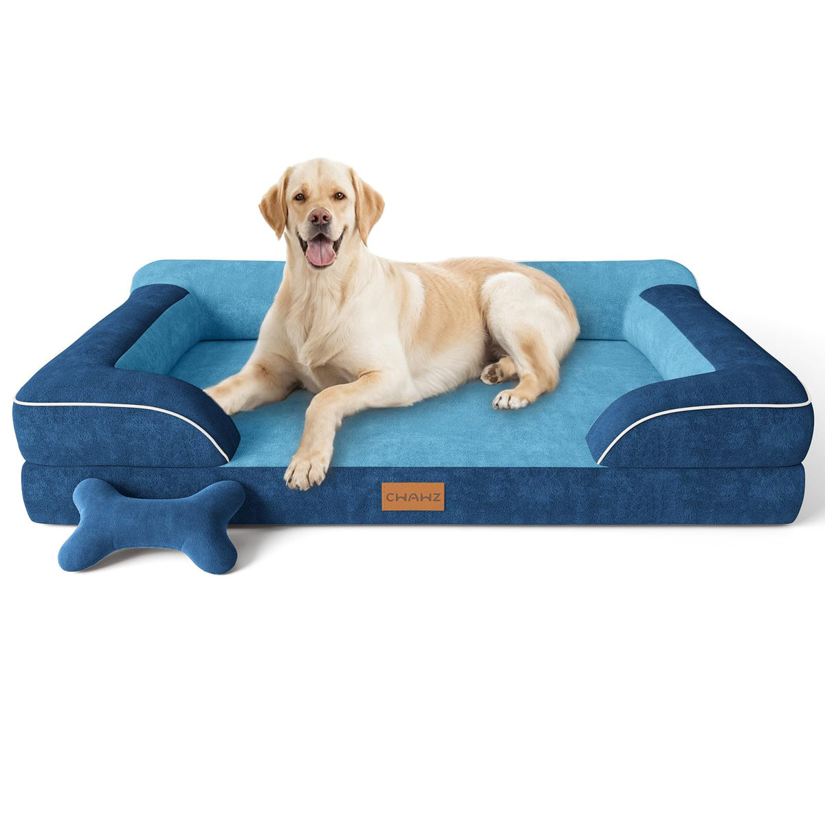 CWAWZ jumbo dog bed navy velvet close-up; plush surface for calm, cozy naps.