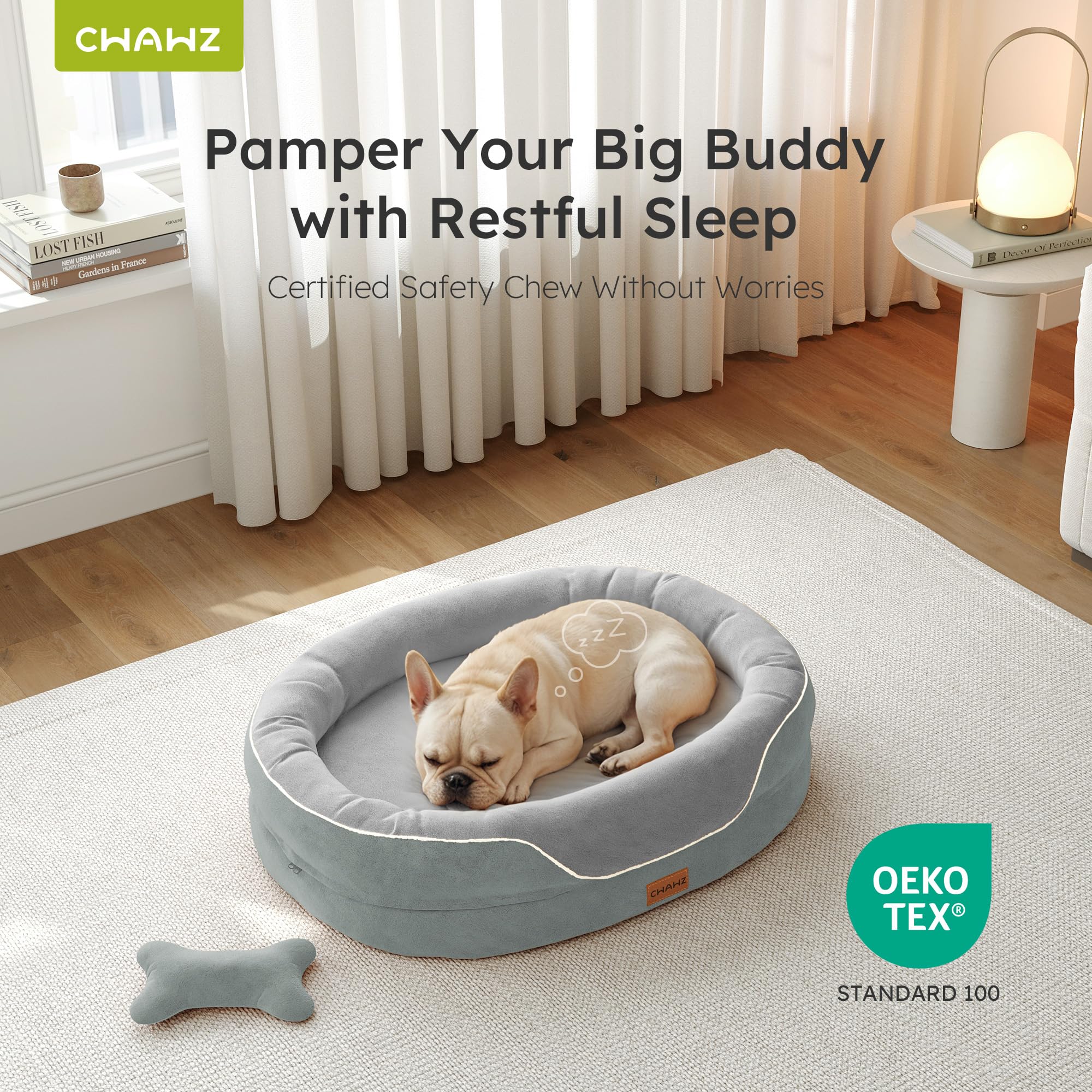 CWAWZ large orthopedic dog bed with OEKO-TEX fabrics for skin-friendly lounging.