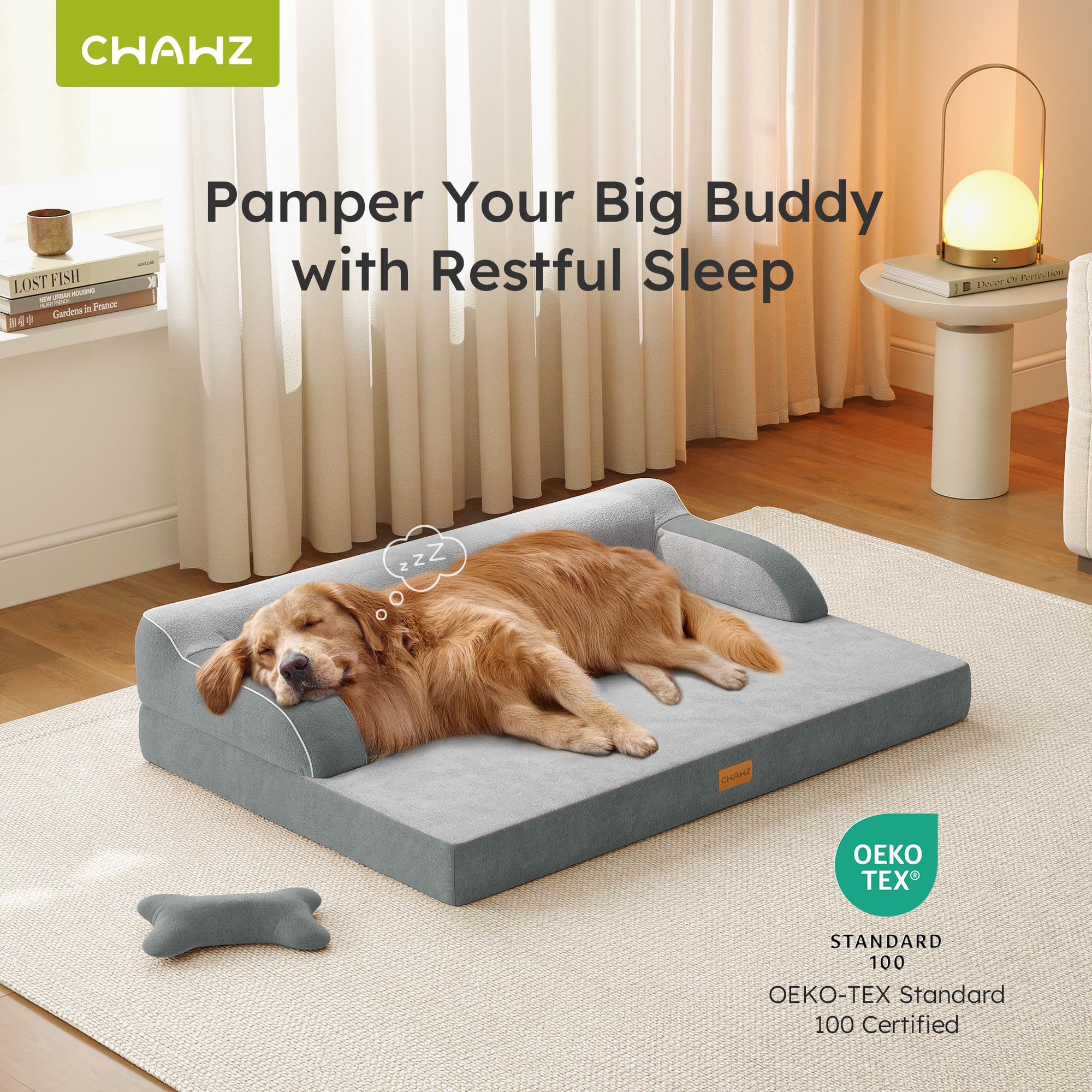 CWAWZ large orthopedic dog bed side profile highlights neck bolsters