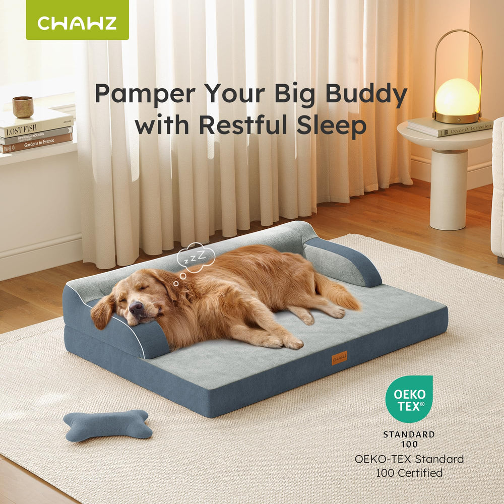 CWAWZ XL bed with bolstered sides cradles the neck for cozy, supported lounging.