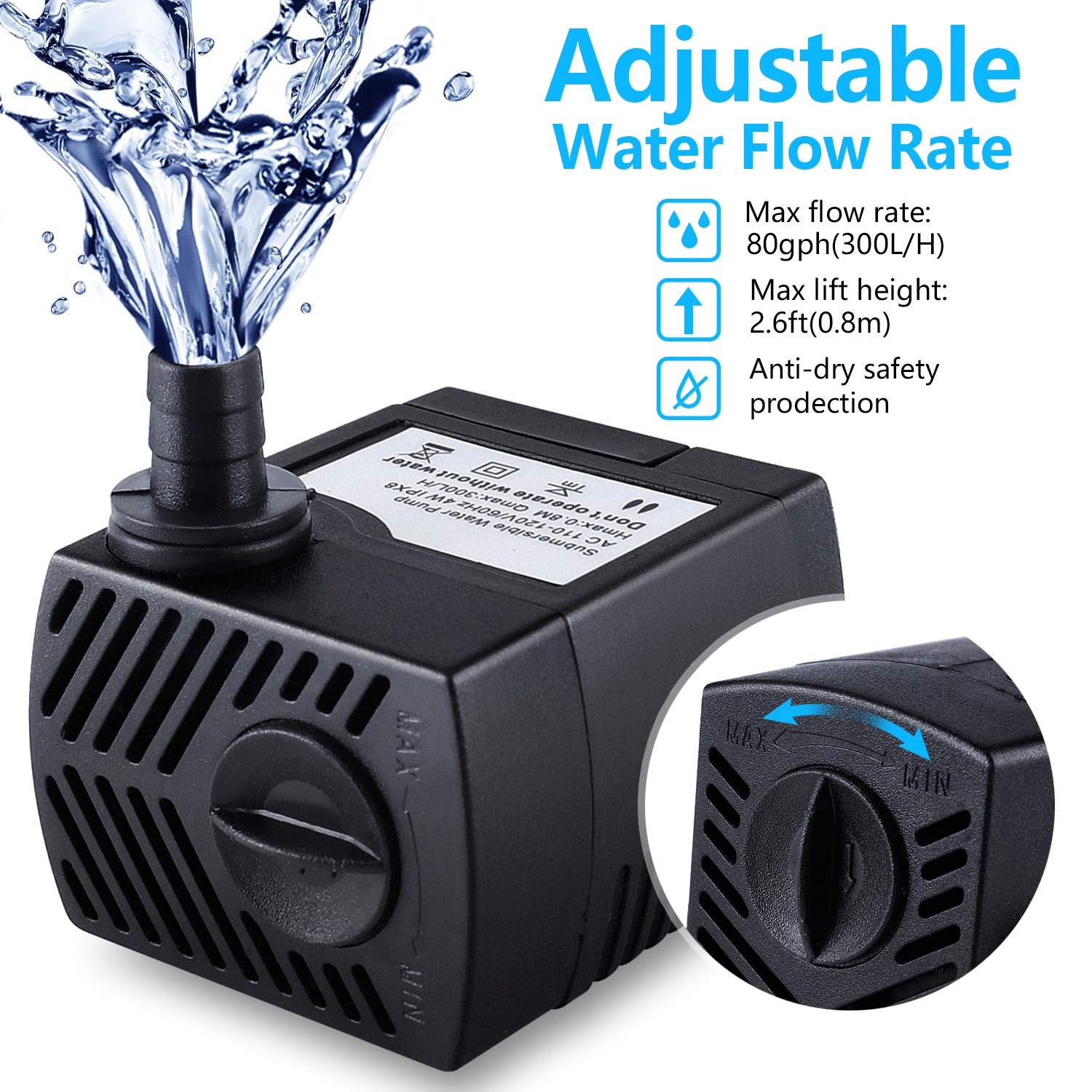 CWKJ Fountain Pump with three nozzles offers customizable spray patterns for different views.