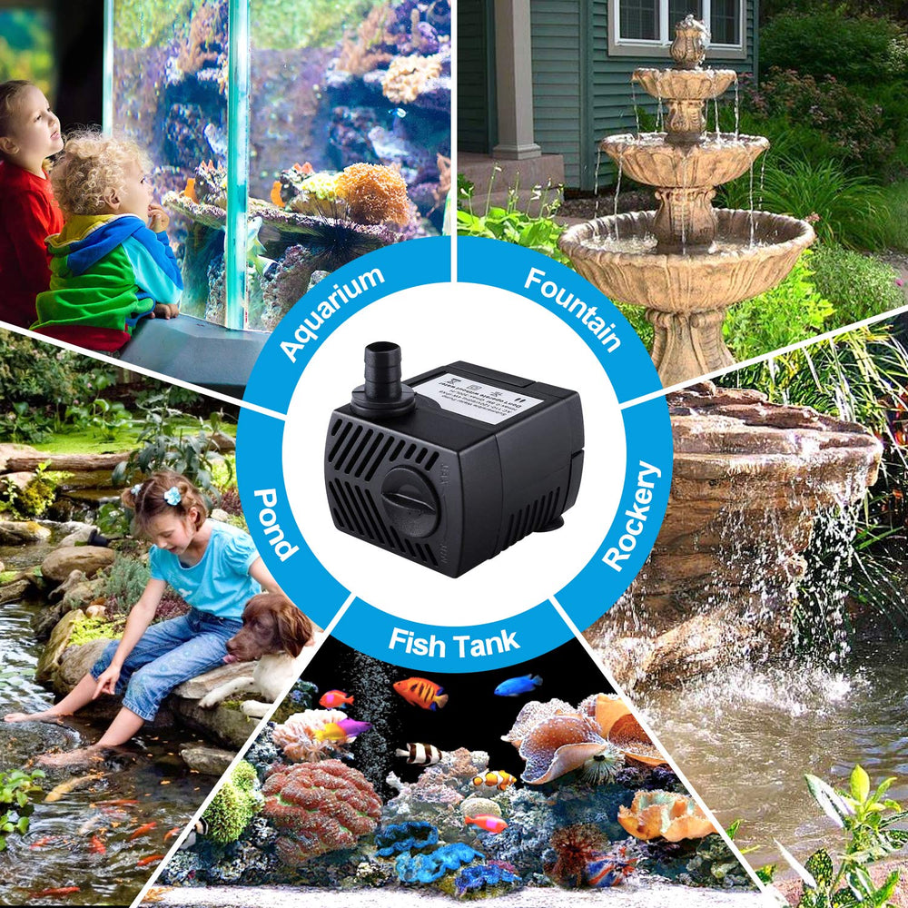 CWKJ Fountain Pump includes suction cups for stable placement in tanks and statuary features.