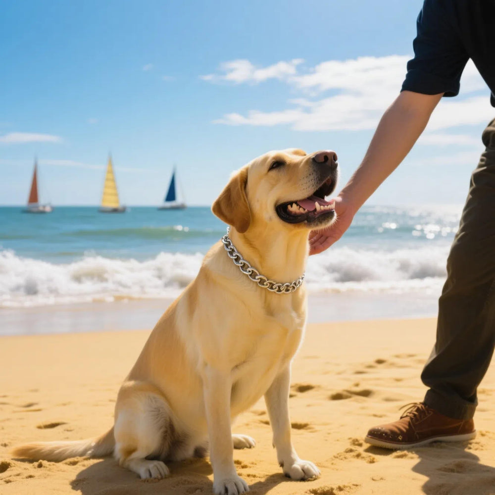CWYZA silver dog chain necklace in daily-use setting during a walk