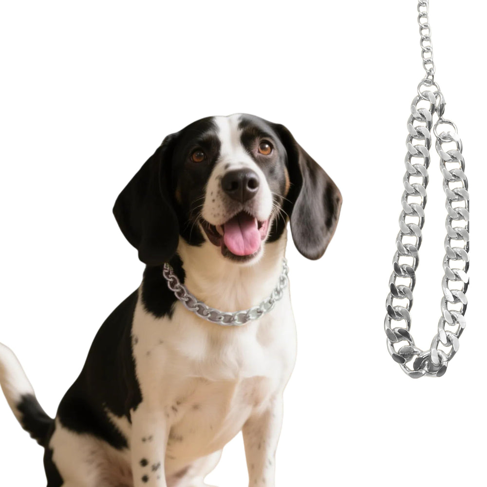 CWYZA silver dog chain necklace wide shot highlights lightweight, durable Cuban link design