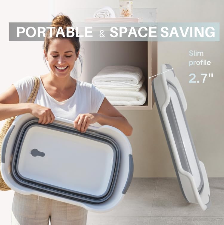 Cyanoe collapsible pet bathtub with drain plug for quick water release.