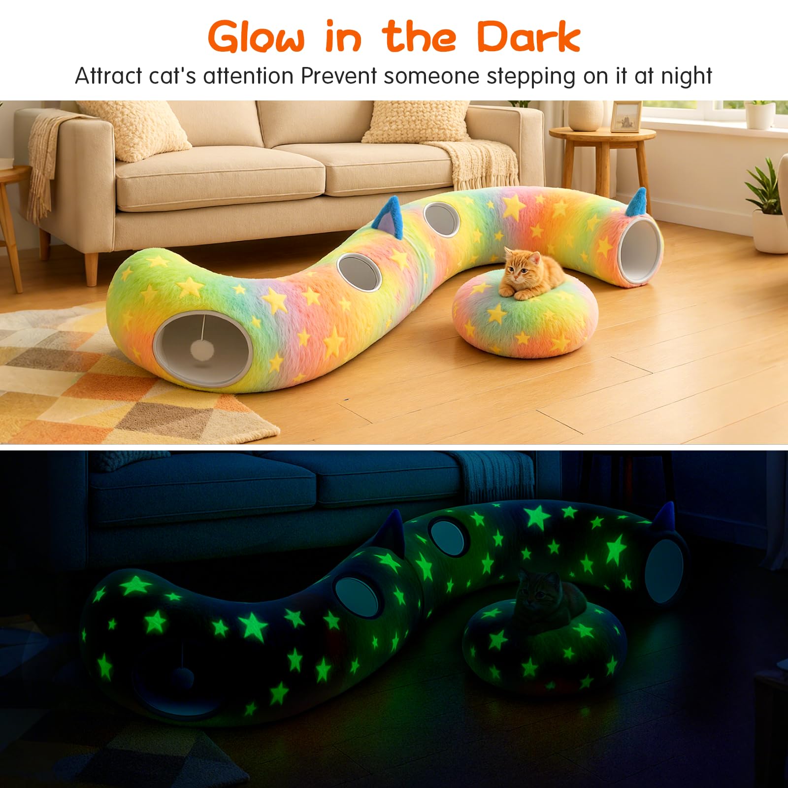 Cycodo cat tunnel bed glow at night highlights safe, low-light exploration.