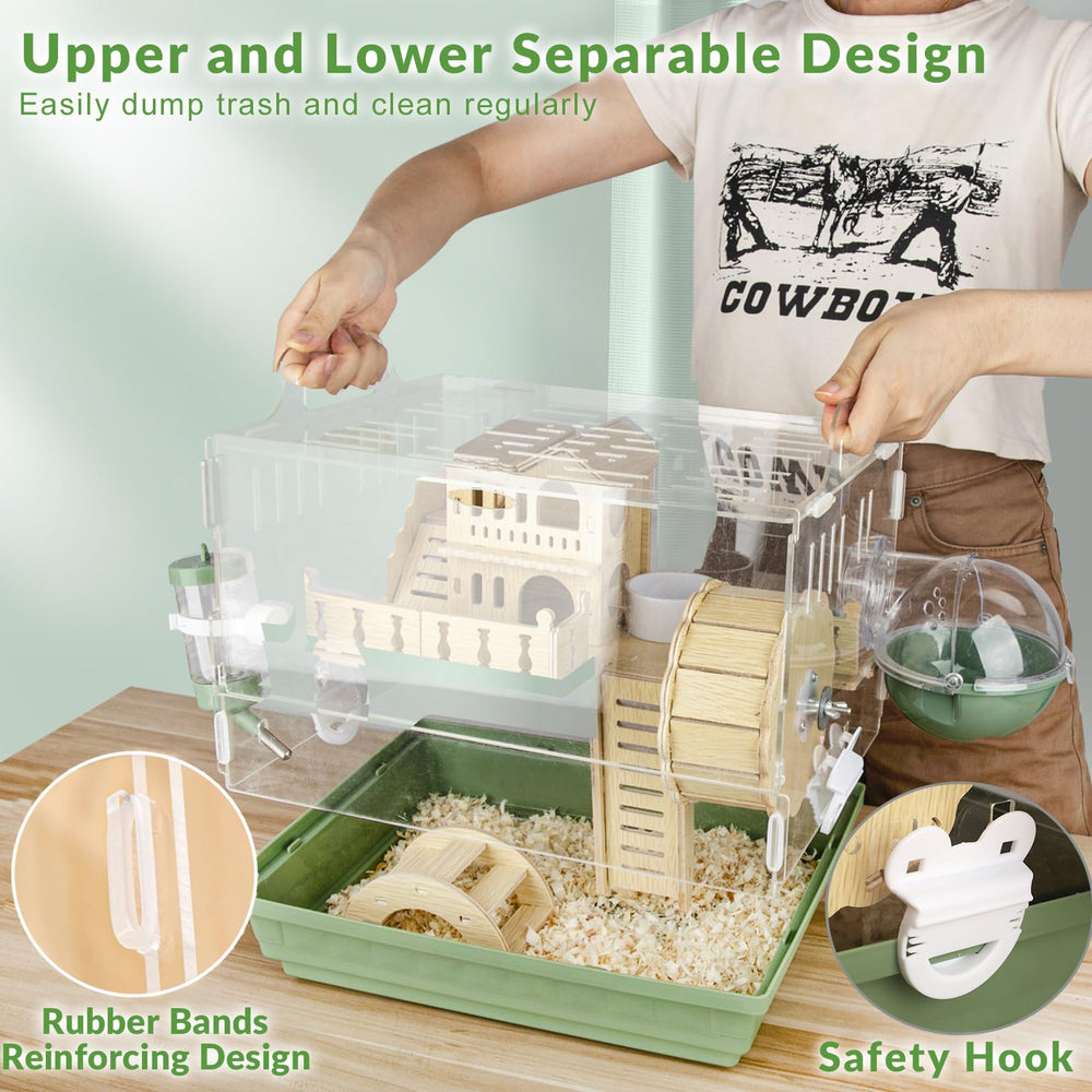 Cycodo hamster starter-kit contents image including hideout, wheel, bath, bottle, dish, bridge.
