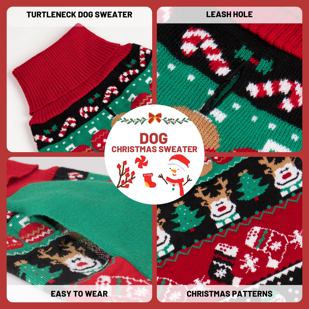 Cyeollo dog wearing sweater in festive holiday setting.