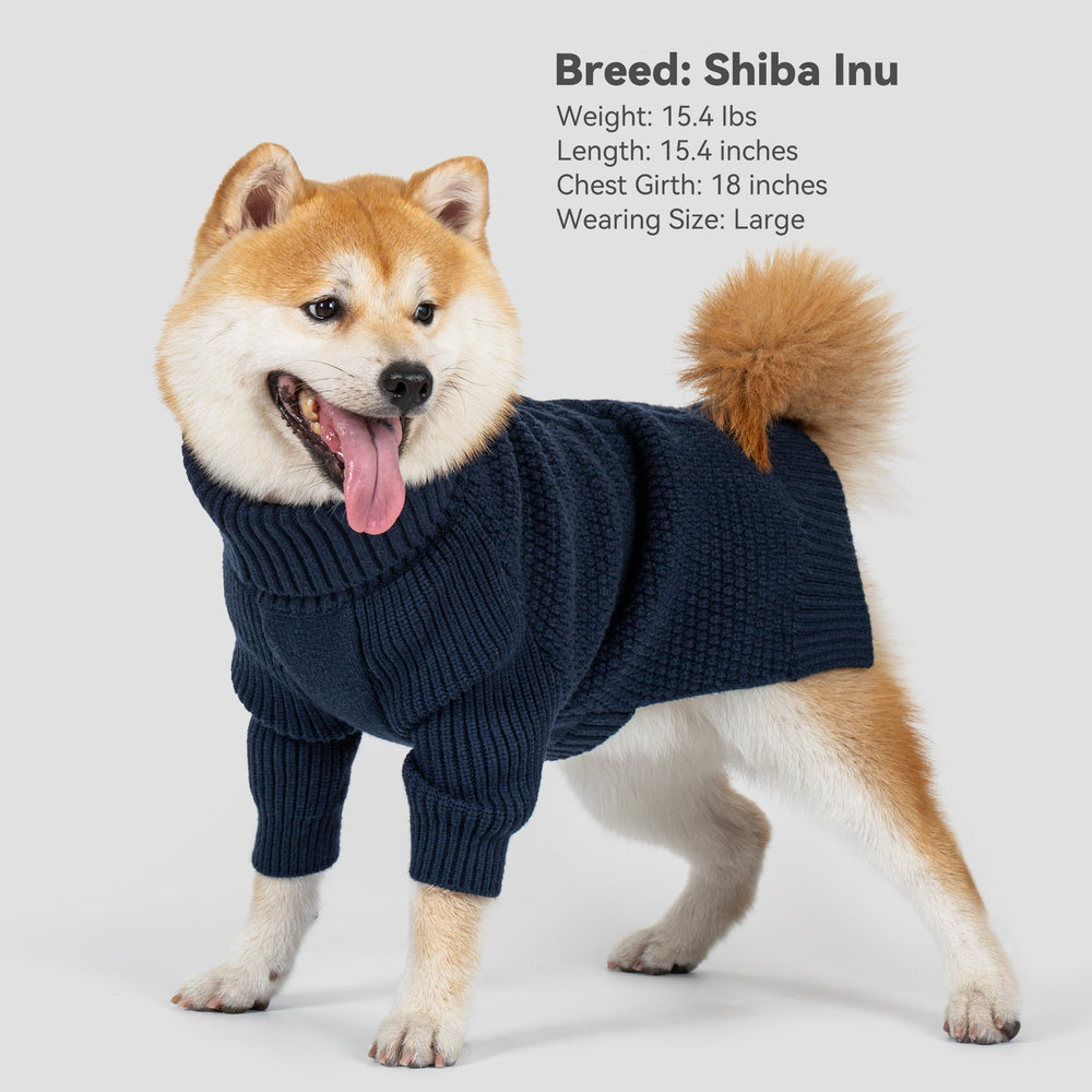 Cyeollo dog sweater navy side view shows full coverage without restricting movement