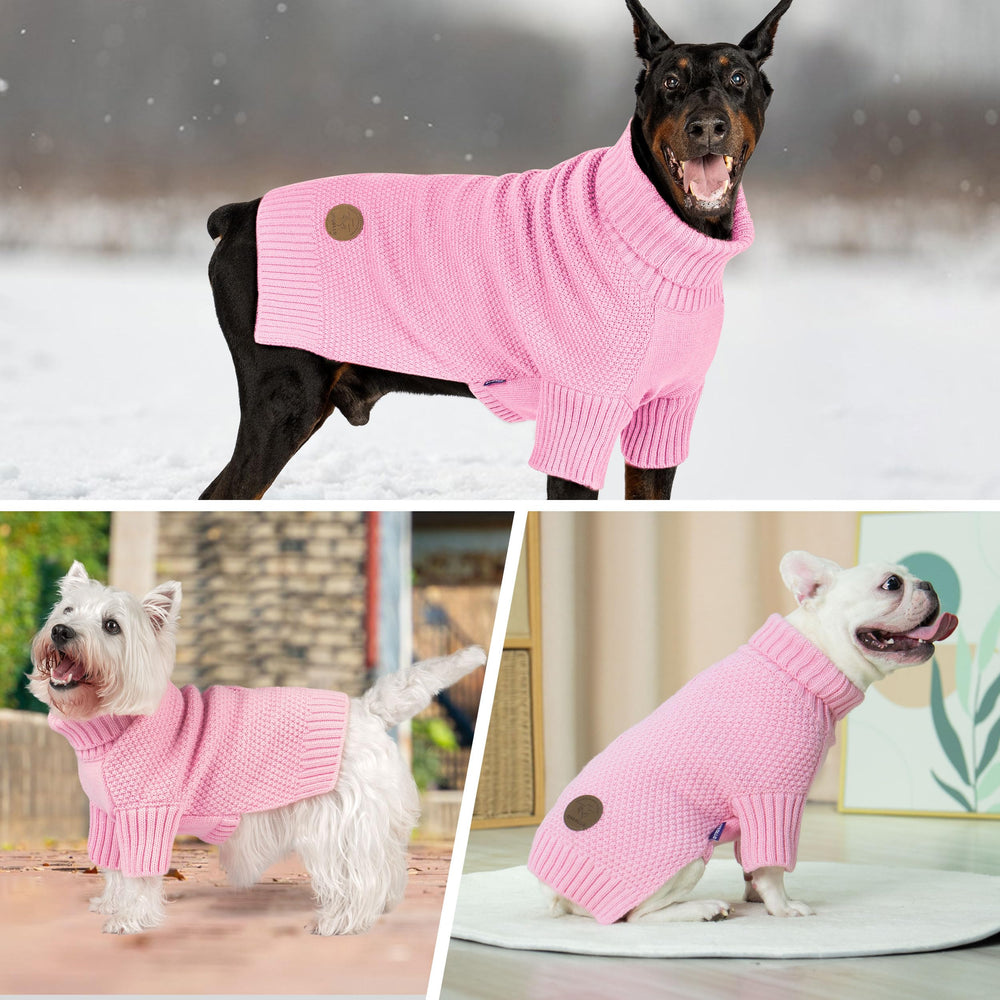 cyeollo dog sweater pink side view emphasizes mobility and stretch.