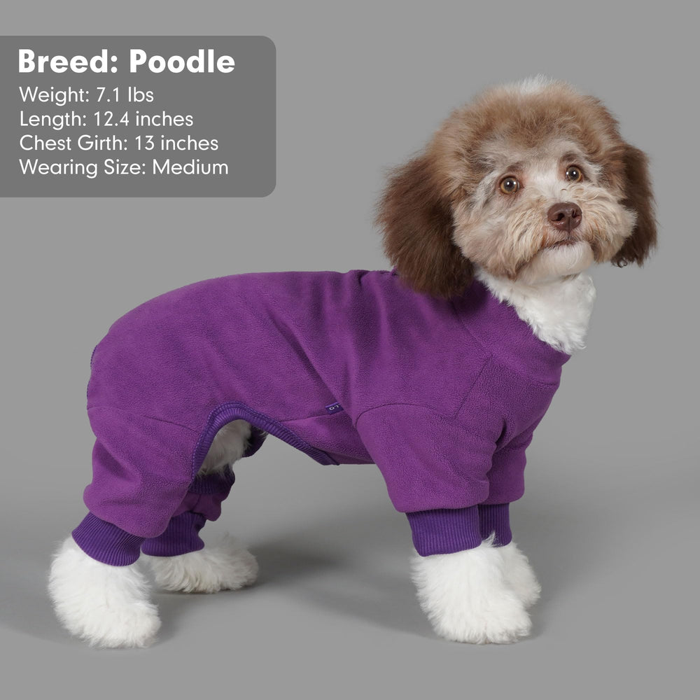 Cyeollo small dog pajamas side view demonstrates stretchable fleece that moves with pets.