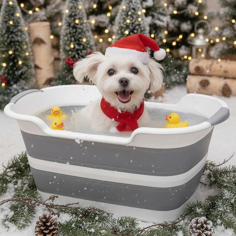 CYGNE dog bath tub in collapsible extended view for space-saving storage.