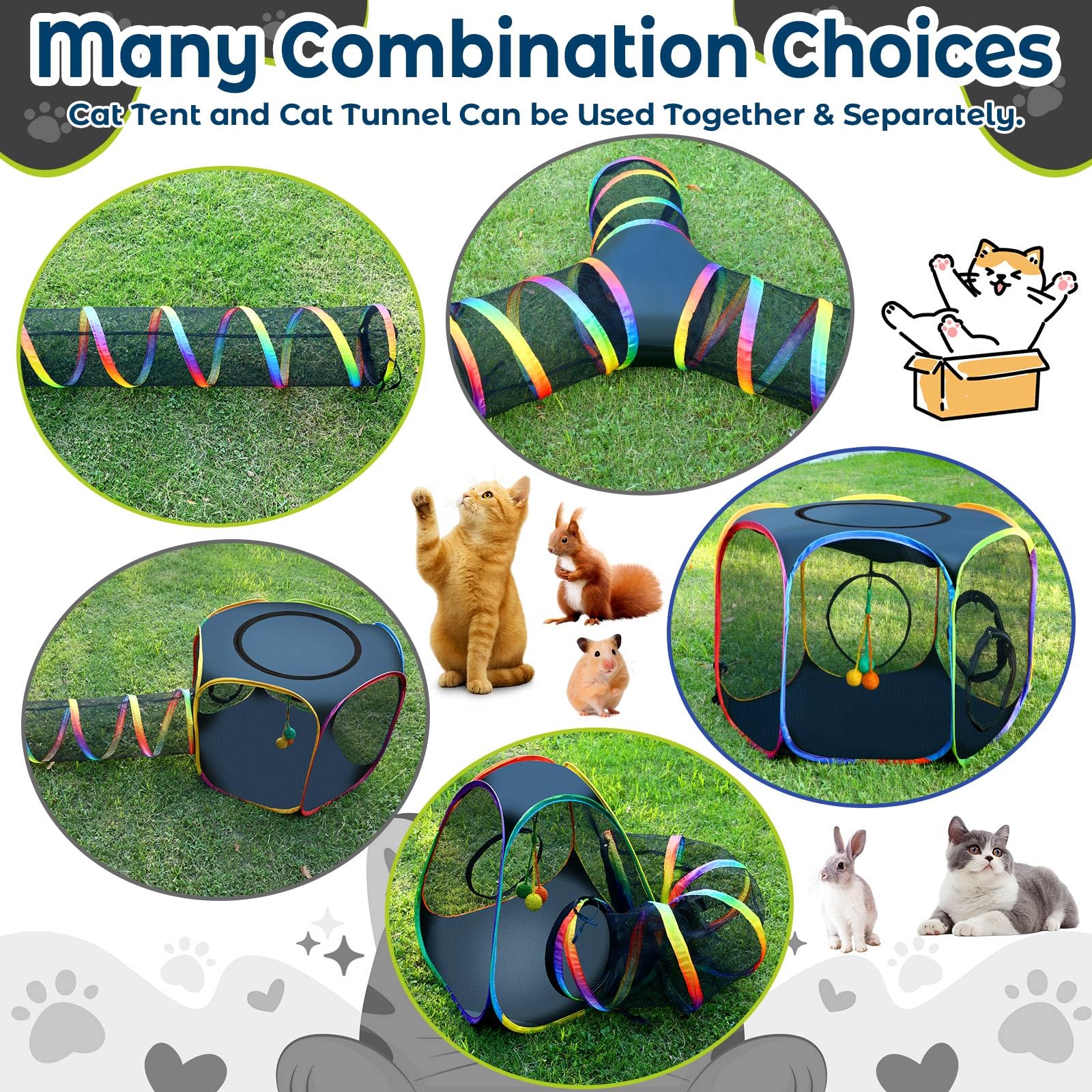 CypherX Outdoor Rainbow Cat Enclosure 51-inch tunnel extends long chases for energetic cats.