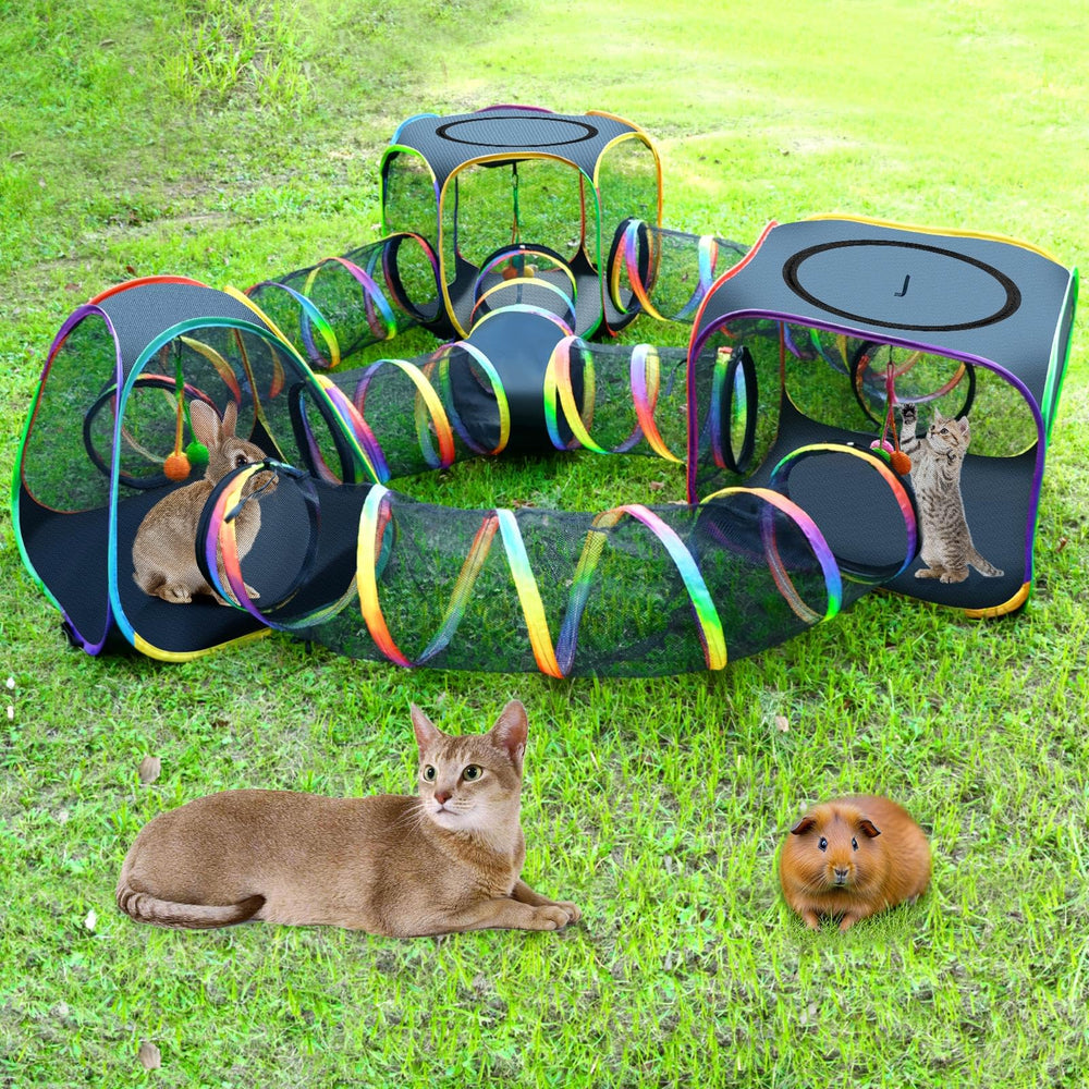CypherX Outdoor Rainbow Cat Enclosure interconnected play space supports multiple small pets and toys.