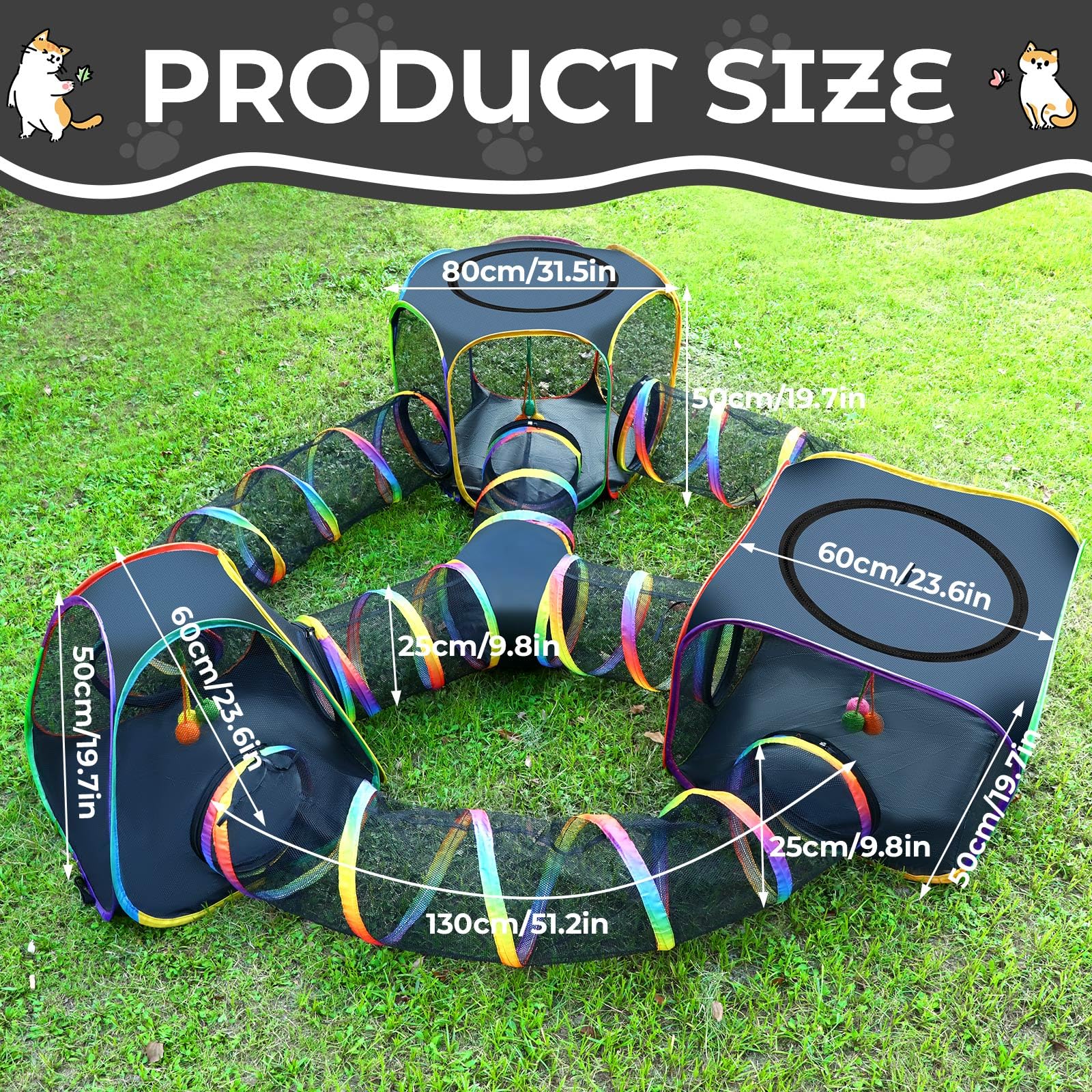 CypherX Outdoor Rainbow Cat Enclosure square tent inviting cats to explore and nap in comfort.