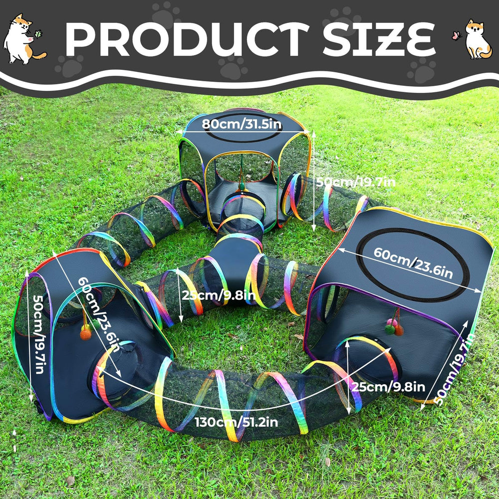 CypherX Outdoor Rainbow Cat Enclosure square tent inviting cats to explore and nap in comfort.