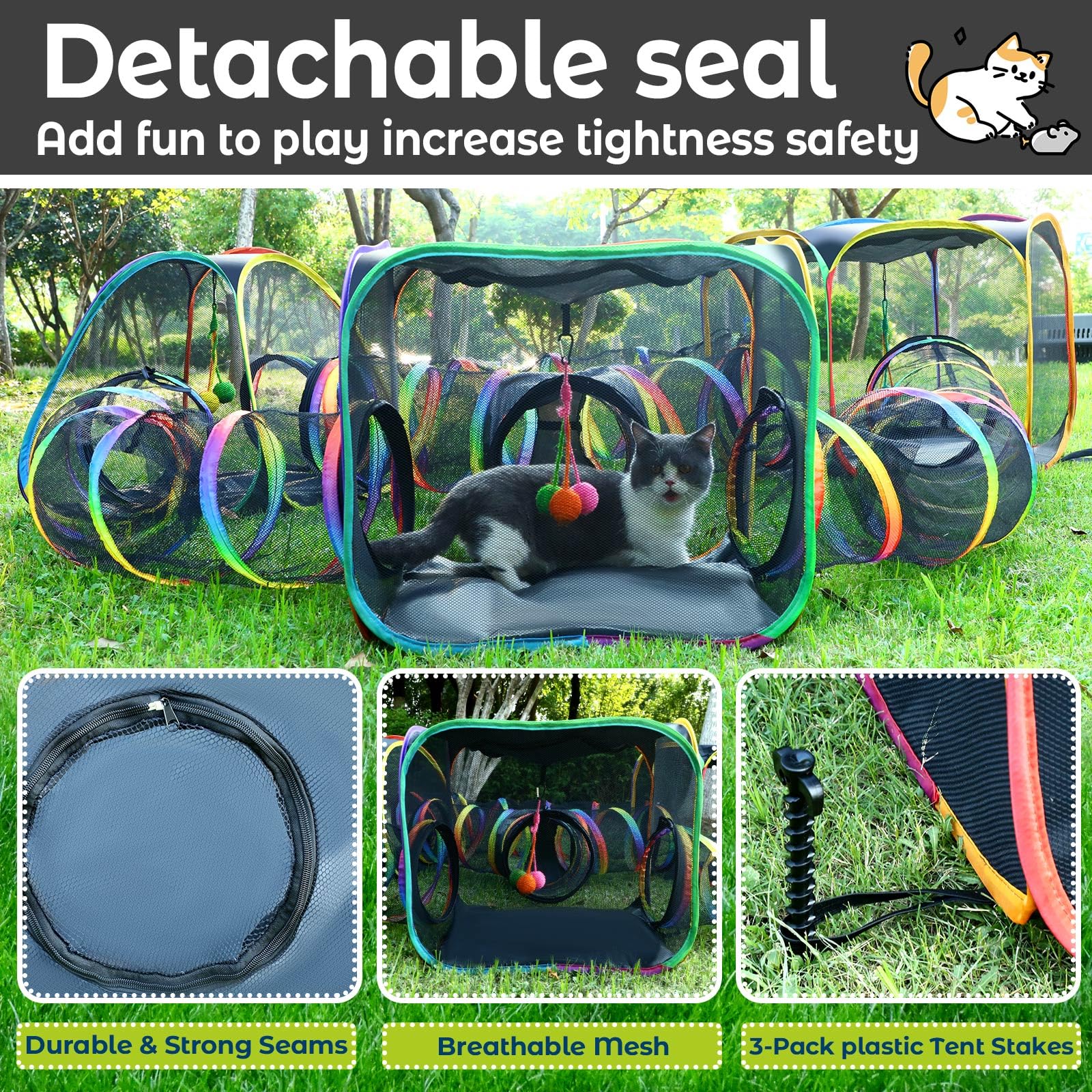 CypherX Outdoor Rainbow Cat Enclosure triangle tent design encourages climbing and stalking play.